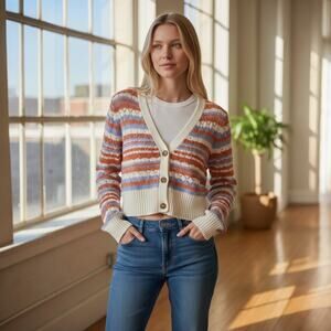 Hippie Rose Junior's Pointelle Cropped Striped Cardigan Sweater M